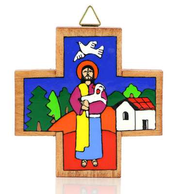 Croce In Legno Per Bambini Arca Di Noè, Faggio Laccato Bianco, 11x18 Cm, Con Stampa Colorata E Messaggio Di Benedizione, In Confezione Regalo