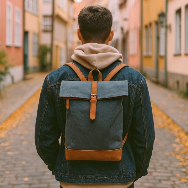 Laptoprucksack LONI BLAU, Canvas/Ökoleder